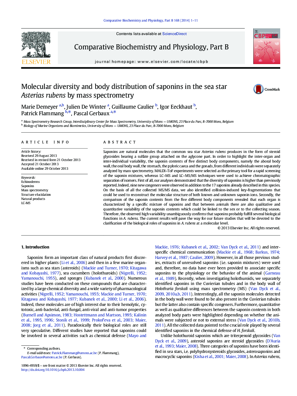 Molecular diversity and body distribution of saponins in the sea star Asterias rubens by mass spectrometry