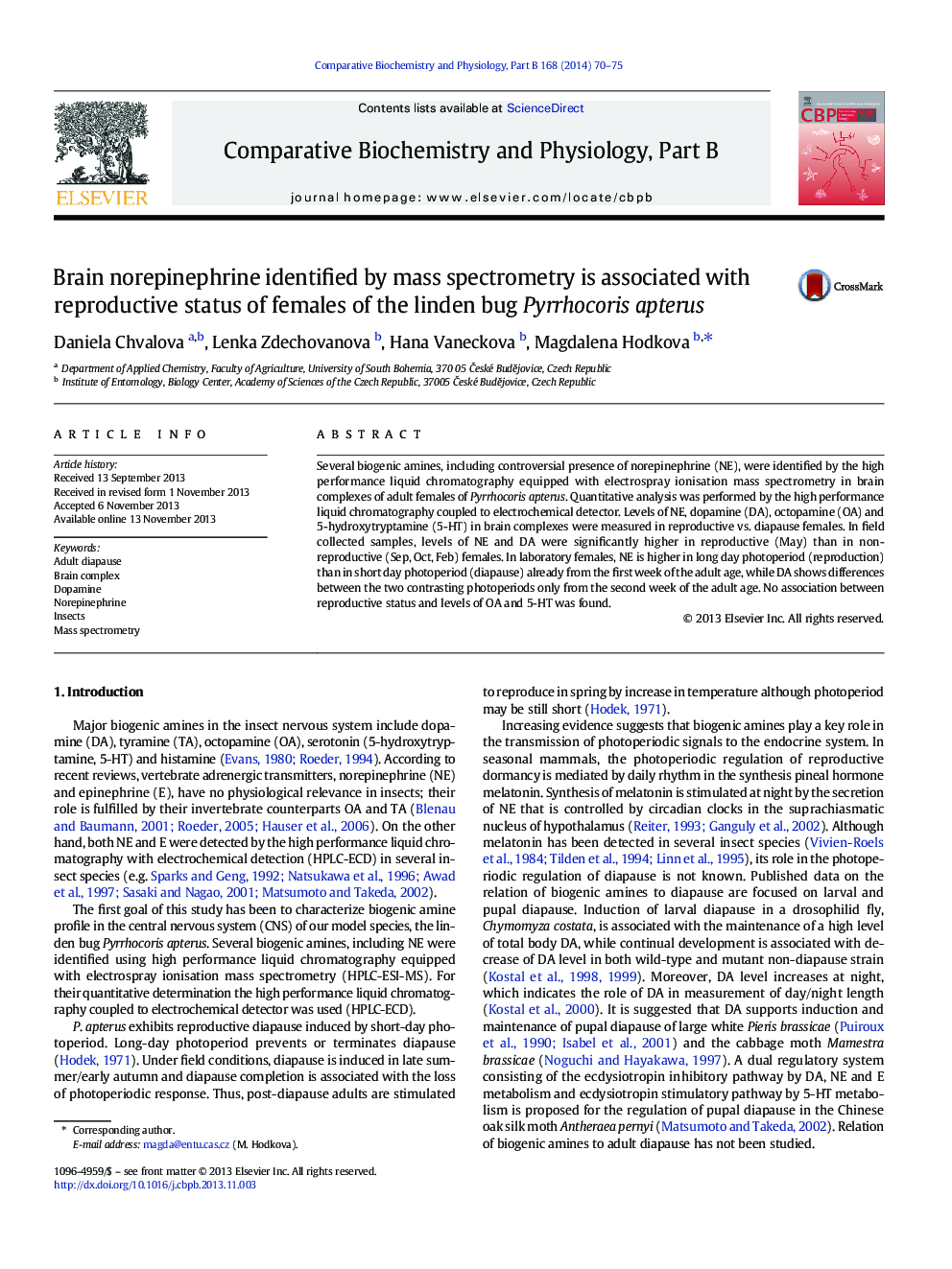 Brain norepinephrine identified by mass spectrometry is associated with reproductive status of females of the linden bug Pyrrhocoris apterus