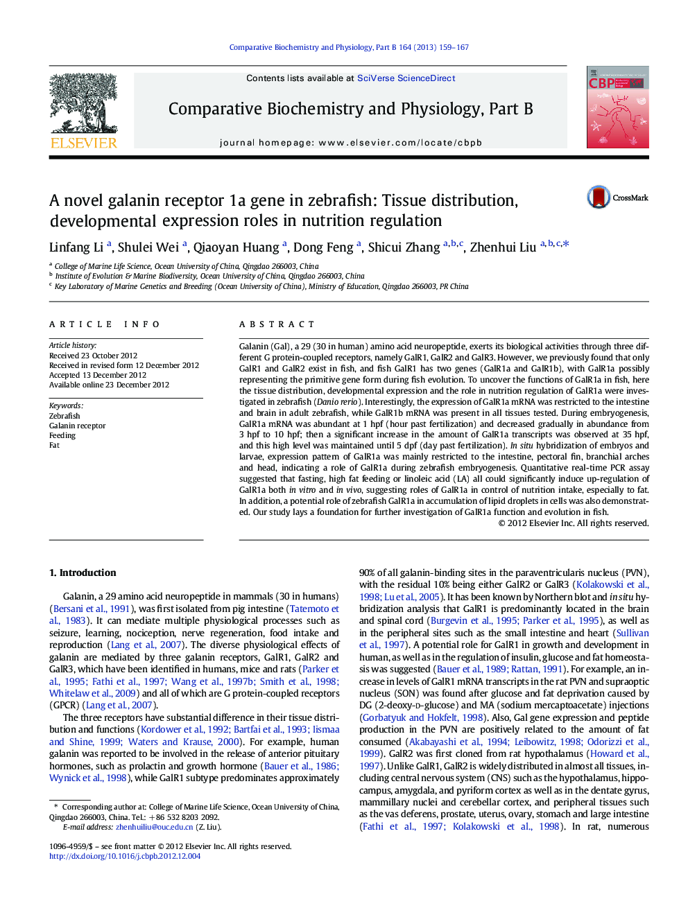 A novel galanin receptor 1a gene in zebrafish: Tissue distribution, developmental expression roles in nutrition regulation