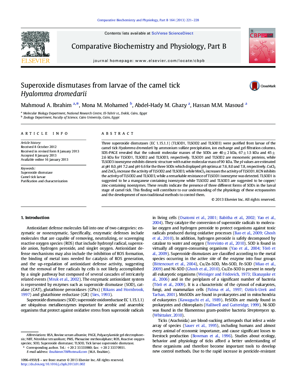 Superoxide dismutases from larvae of the camel tick Hyalomma dromedarii