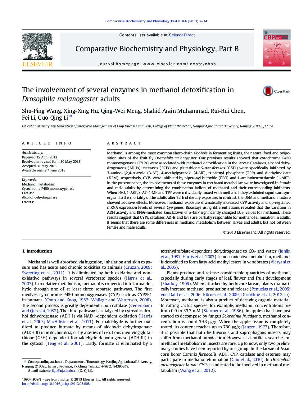 The involvement of several enzymes in methanol detoxification in Drosophila melanogaster adults