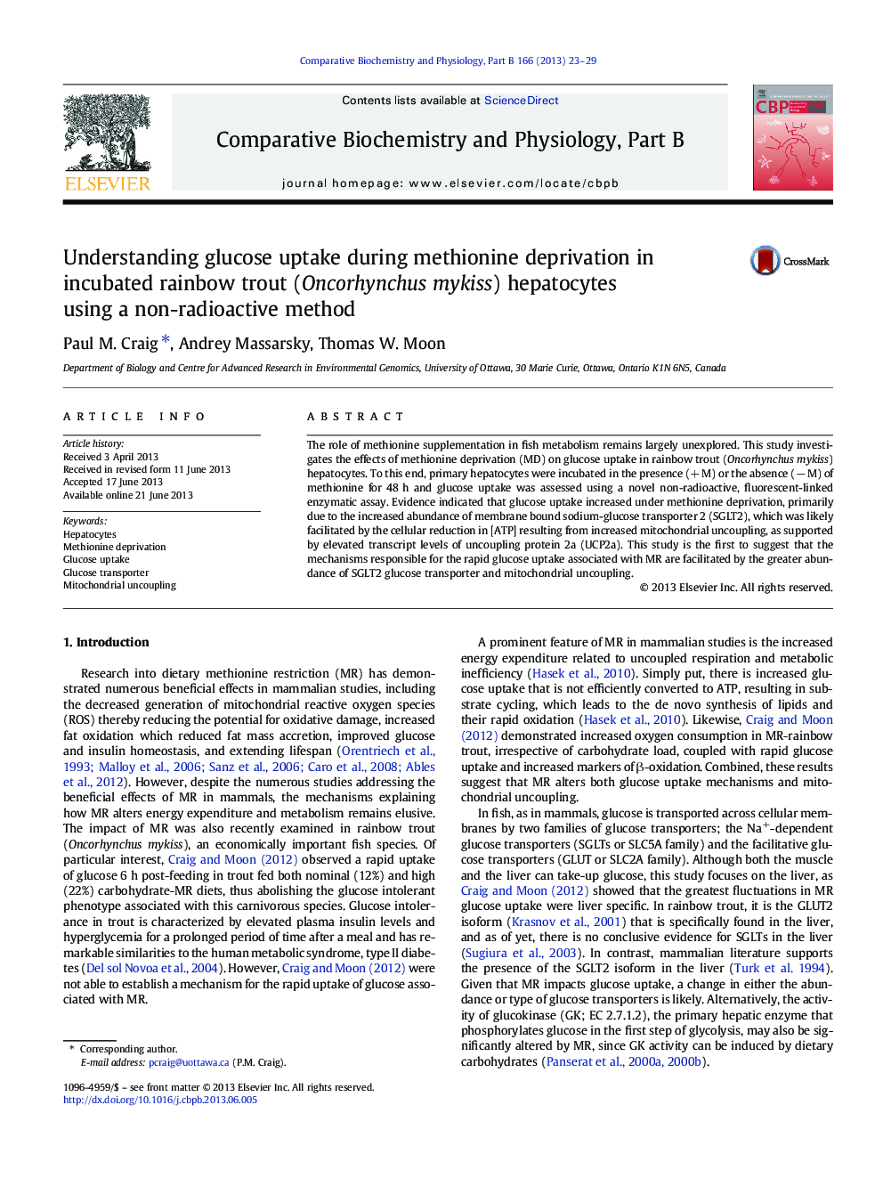 Understanding glucose uptake during methionine deprivation in incubated rainbow trout (Oncorhynchus mykiss) hepatocytes using a non-radioactive method