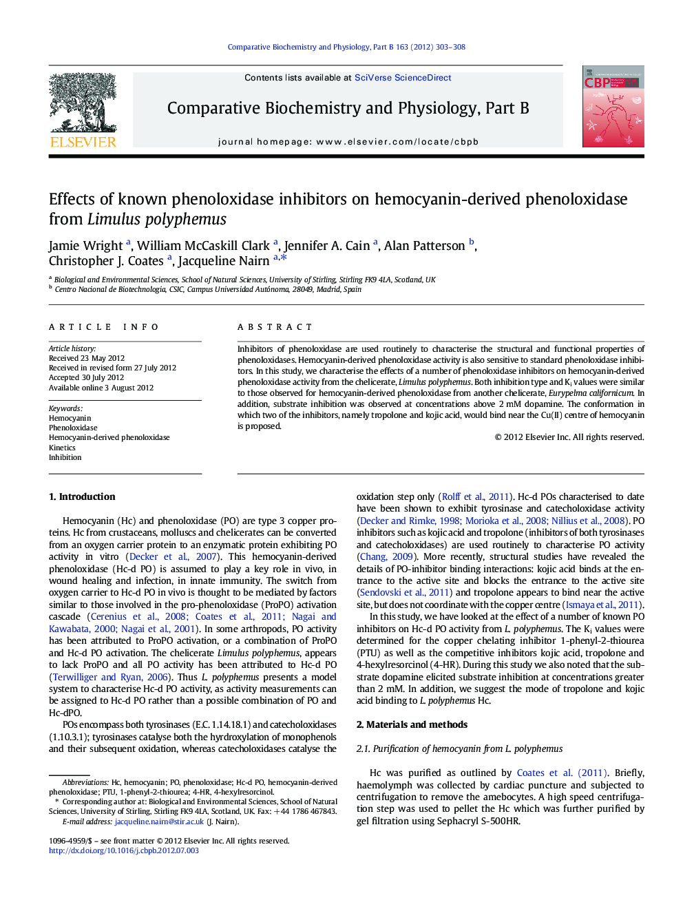 Effects of known phenoloxidase inhibitors on hemocyanin-derived phenoloxidase from Limulus polyphemus