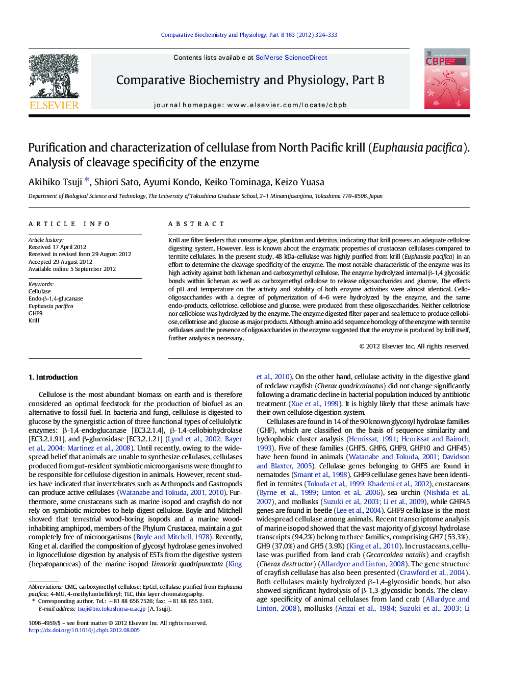 Purification and characterization of cellulase from North Pacific krill (Euphausia pacifica). Analysis of cleavage specificity of the enzyme