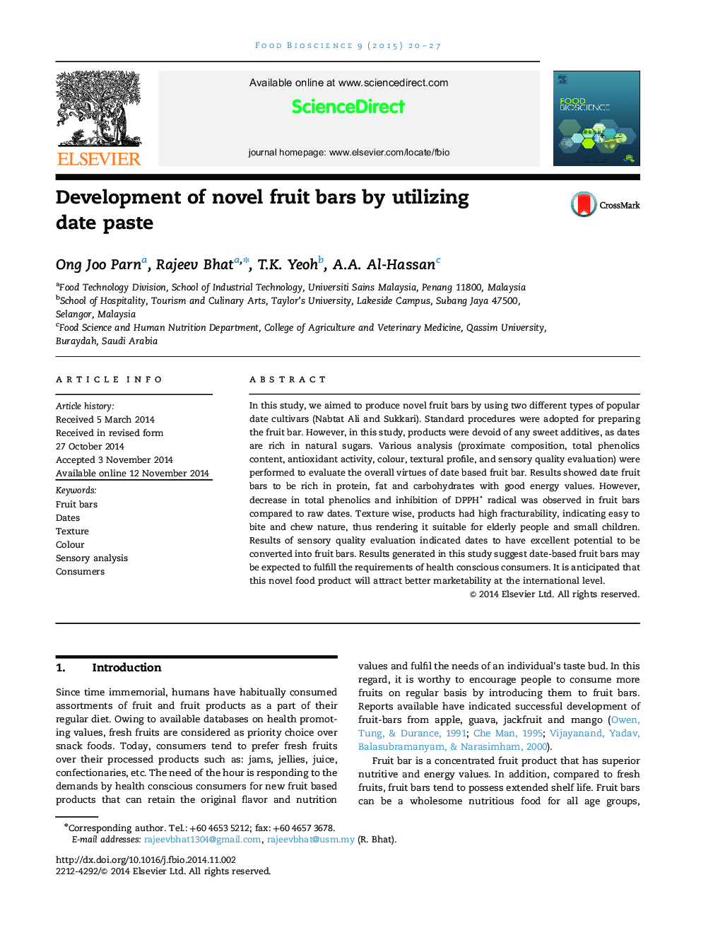 Development of novel fruit bars by utilizing date paste