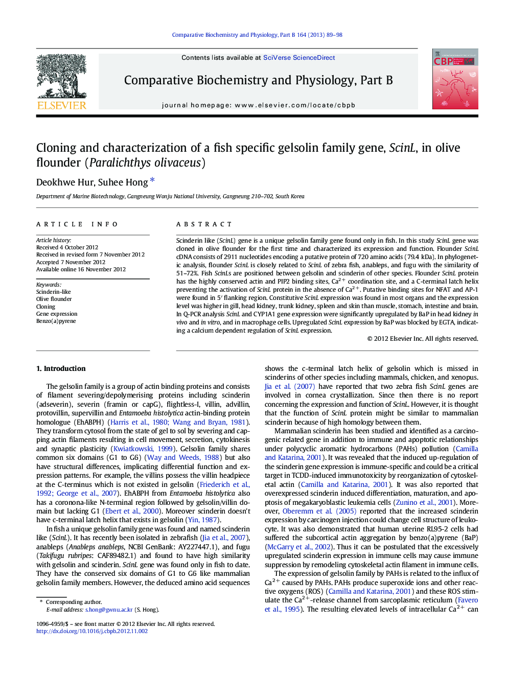 Cloning and characterization of a fish specific gelsolin family gene, ScinL, in olive flounder (Paralichthys olivaceus)