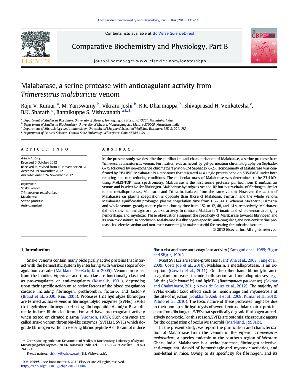 Malabarase, a serine protease with anticoagulant activity from Trimeresurus malabaricus venom