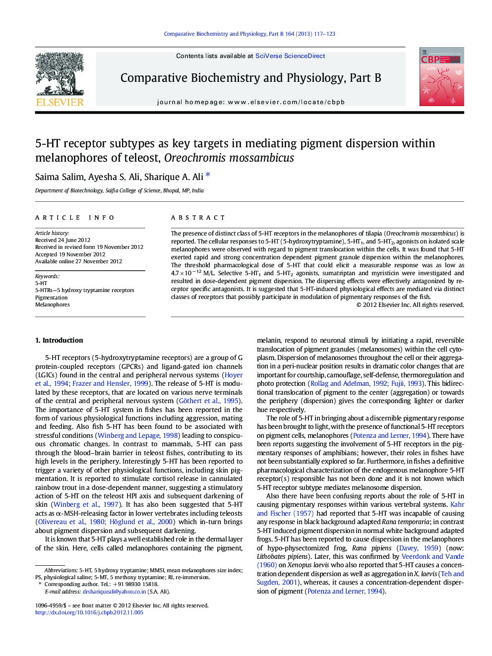 5-HT receptor subtypes as key targets in mediating pigment dispersion within melanophores of teleost, Oreochromis mossambicus