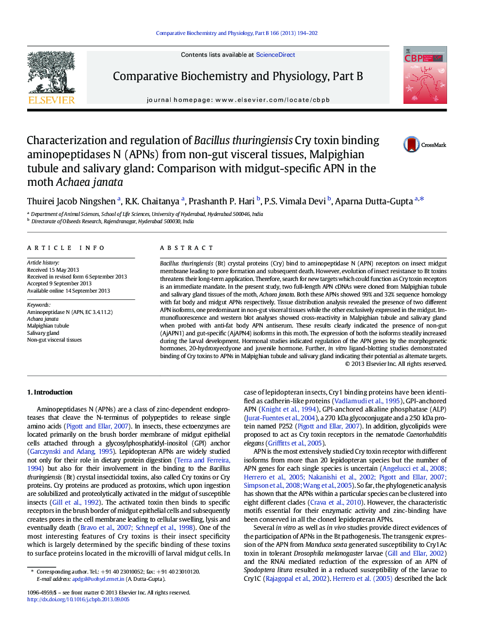 Characterization and regulation of Bacillus thuringiensis Cry toxin binding aminopeptidases N (APNs) from non-gut visceral tissues, Malpighian tubule and salivary gland: Comparison with midgut-specific APN in the moth Achaea janata