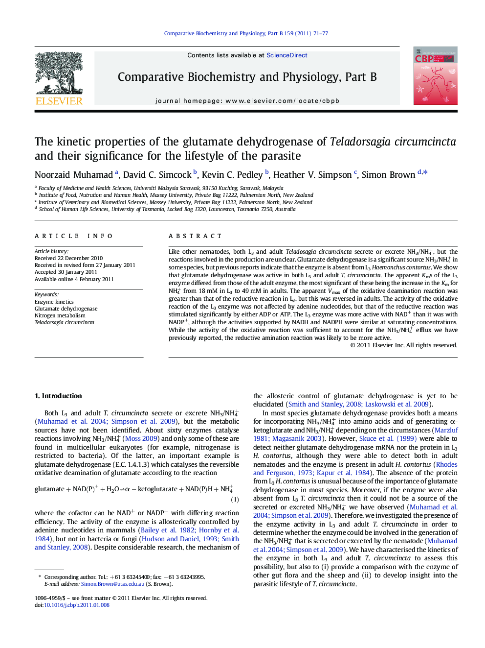 The kinetic properties of the glutamate dehydrogenase of Teladorsagia circumcincta and their significance for the lifestyle of the parasite