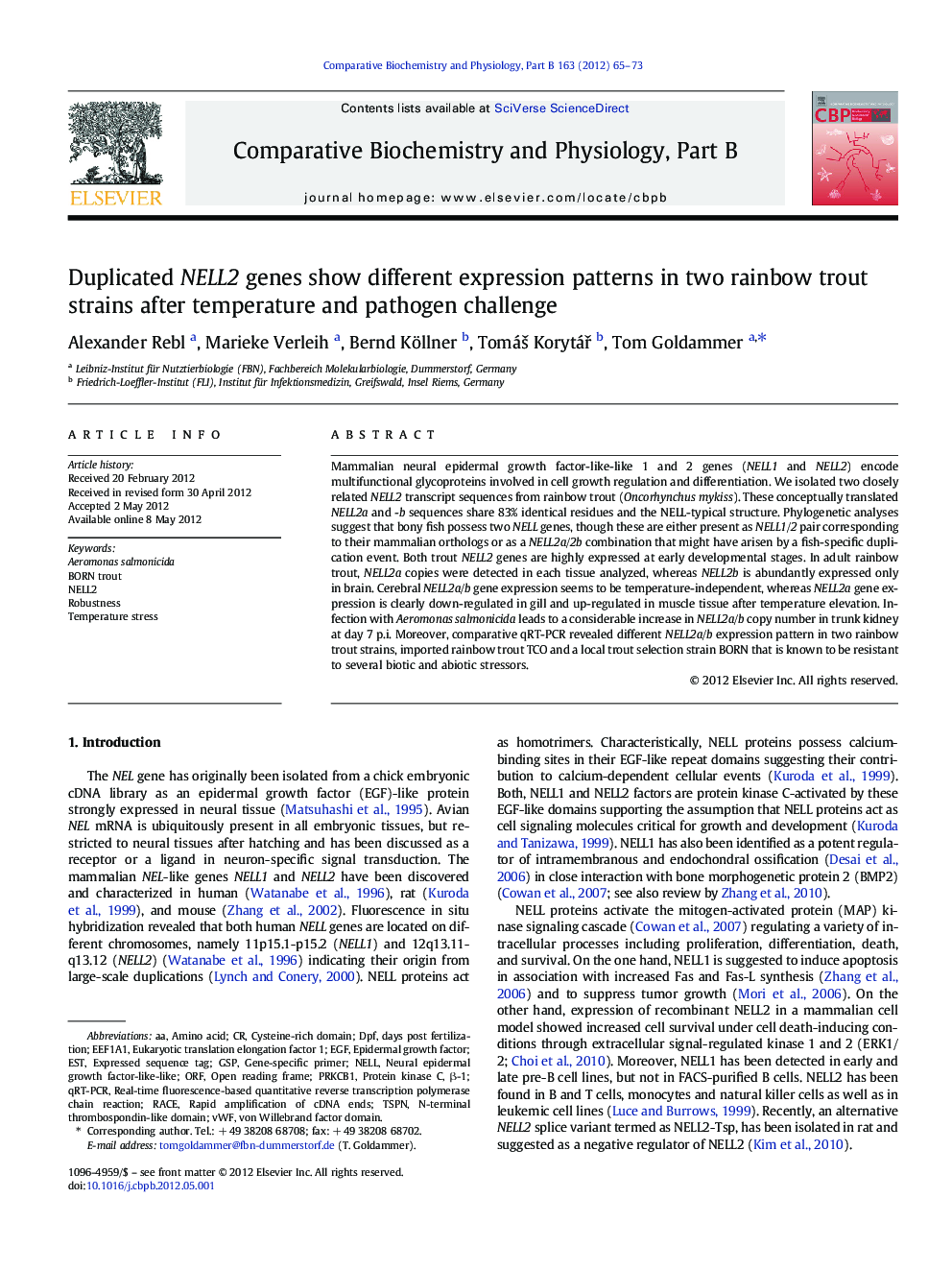 Duplicated NELL2 genes show different expression patterns in two rainbow trout strains after temperature and pathogen challenge