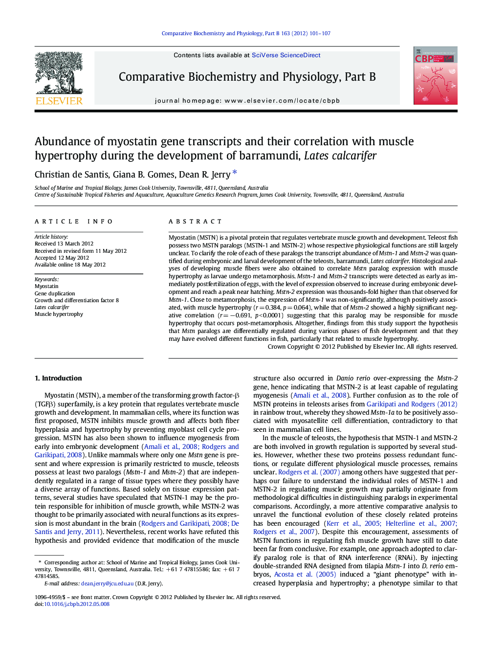 Abundance of myostatin gene transcripts and their correlation with muscle hypertrophy during the development of barramundi, Lates calcarifer