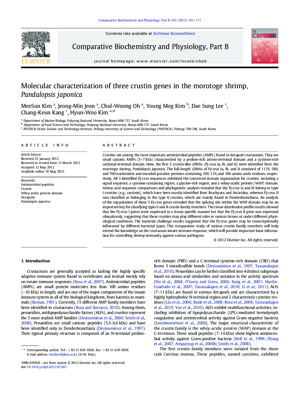 Molecular characterization of three crustin genes in the morotoge shrimp, Pandalopsis japonica