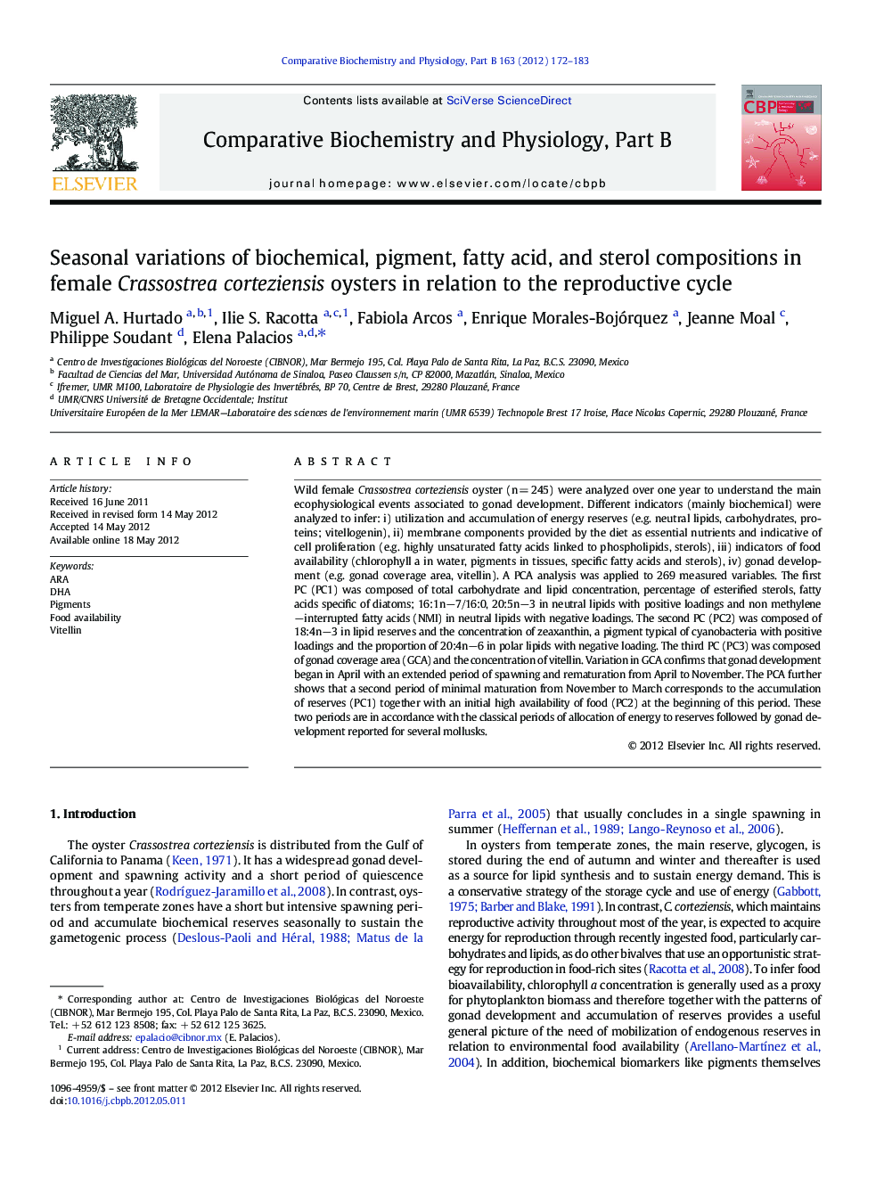 Seasonal variations of biochemical, pigment, fatty acid, and sterol compositions in female Crassostrea corteziensis oysters in relation to the reproductive cycle