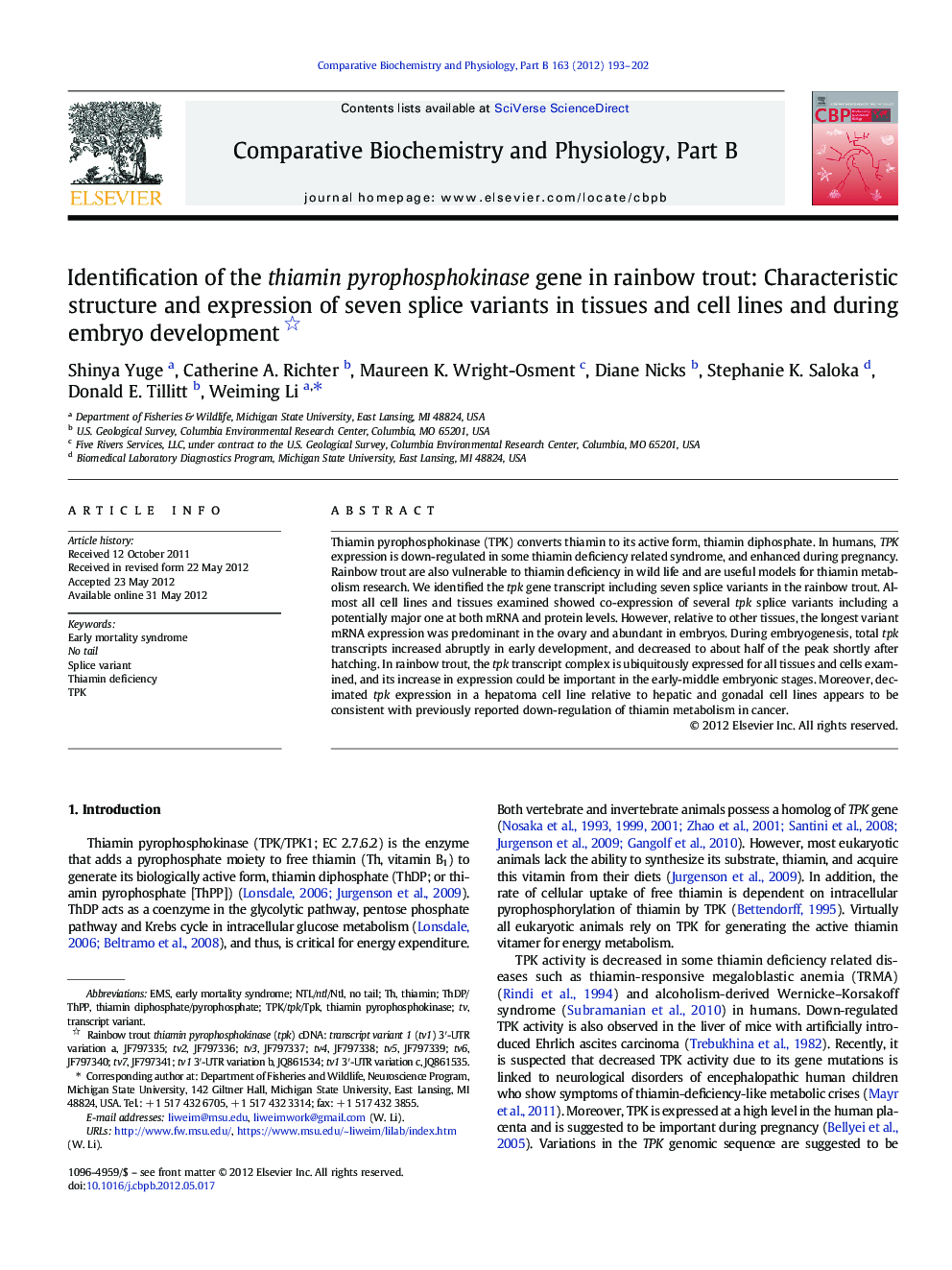 Identification of the thiamin pyrophosphokinase gene in rainbow trout: Characteristic structure and expression of seven splice variants in tissues and cell lines and during embryo development 