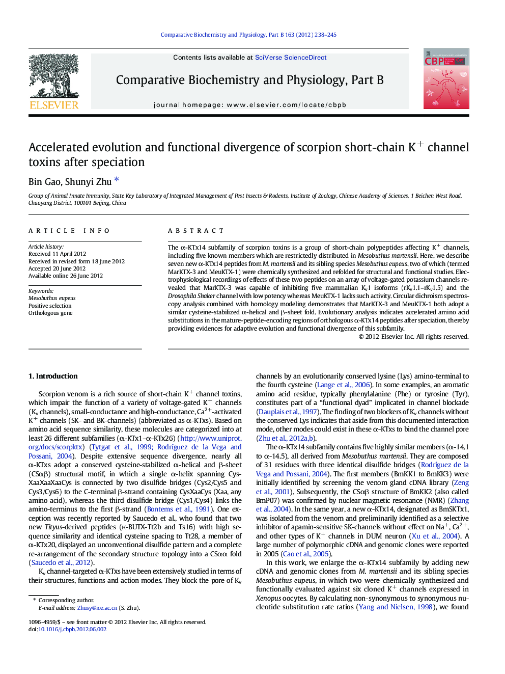 Accelerated evolution and functional divergence of scorpion short-chain K+ channel toxins after speciation