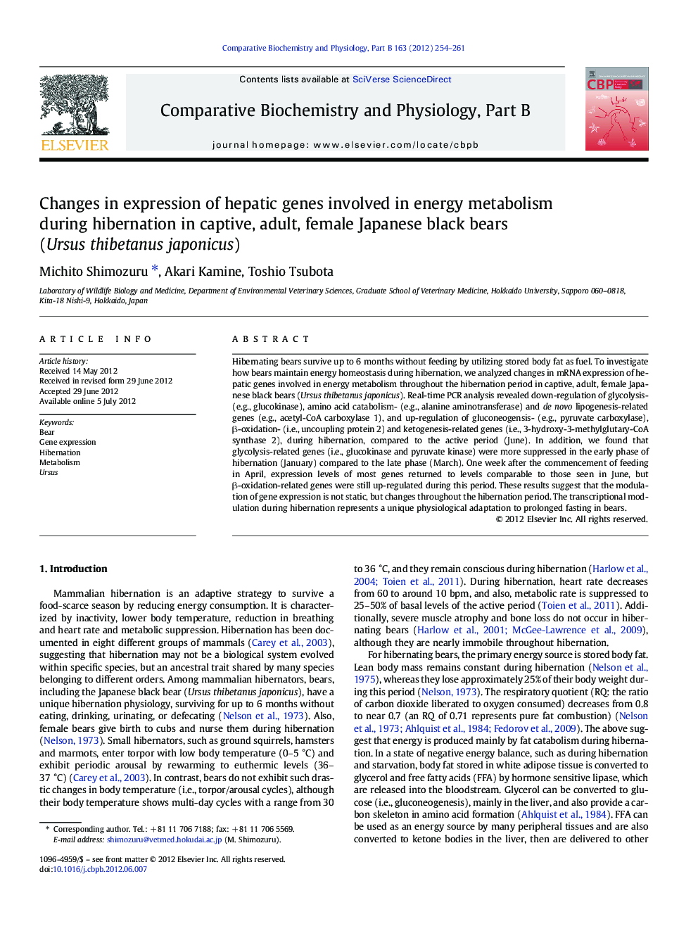 Changes in expression of hepatic genes involved in energy metabolism during hibernation in captive, adult, female Japanese black bears (Ursus thibetanus japonicus)