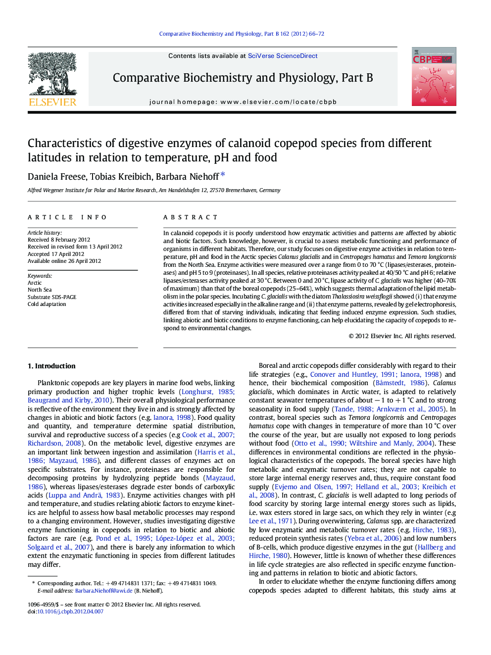 Characteristics of digestive enzymes of calanoid copepod species from different latitudes in relation to temperature, pH and food