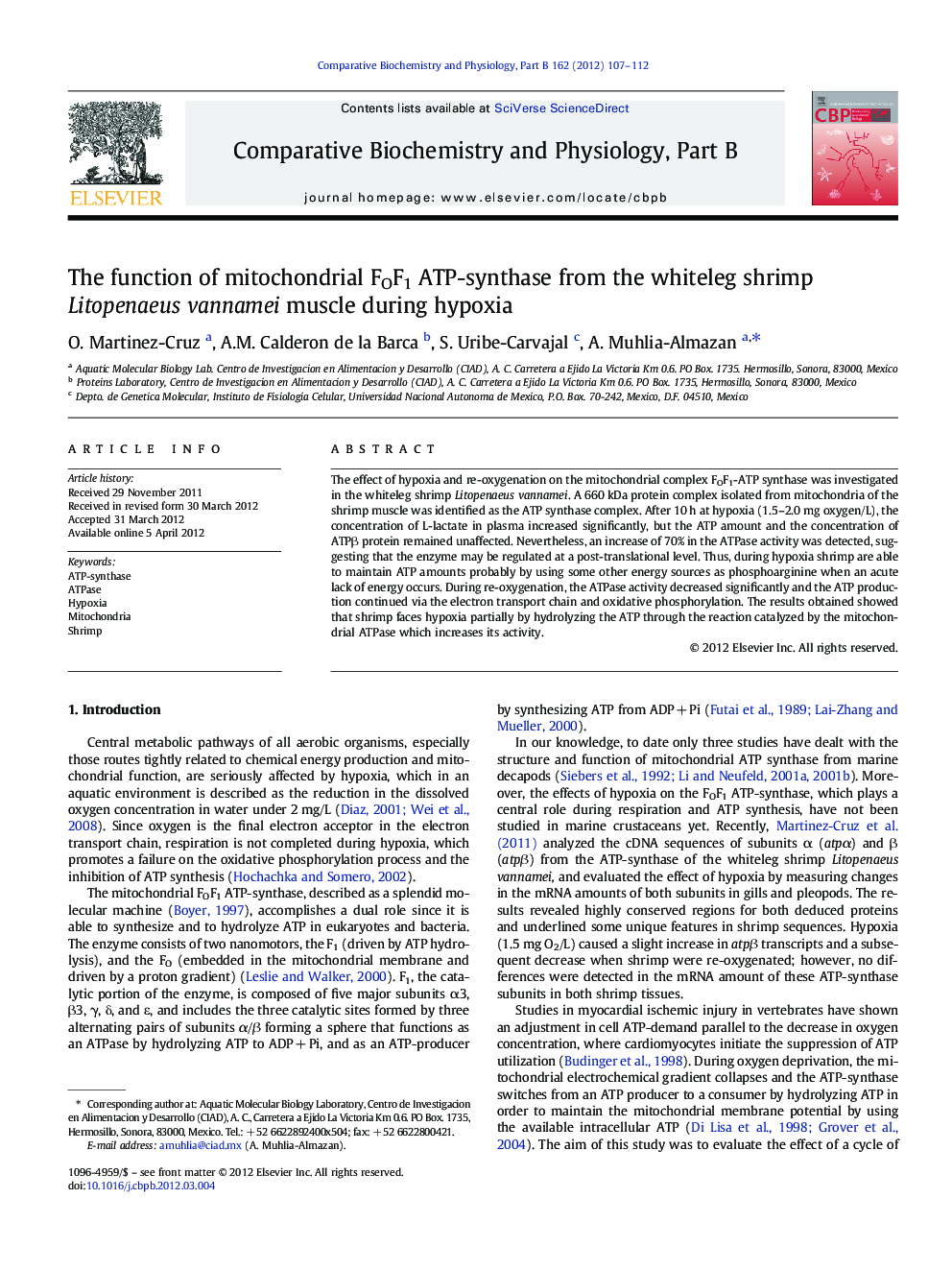 The function of mitochondrial FOF1 ATP-synthase from the whiteleg shrimp Litopenaeus vannamei muscle during hypoxia