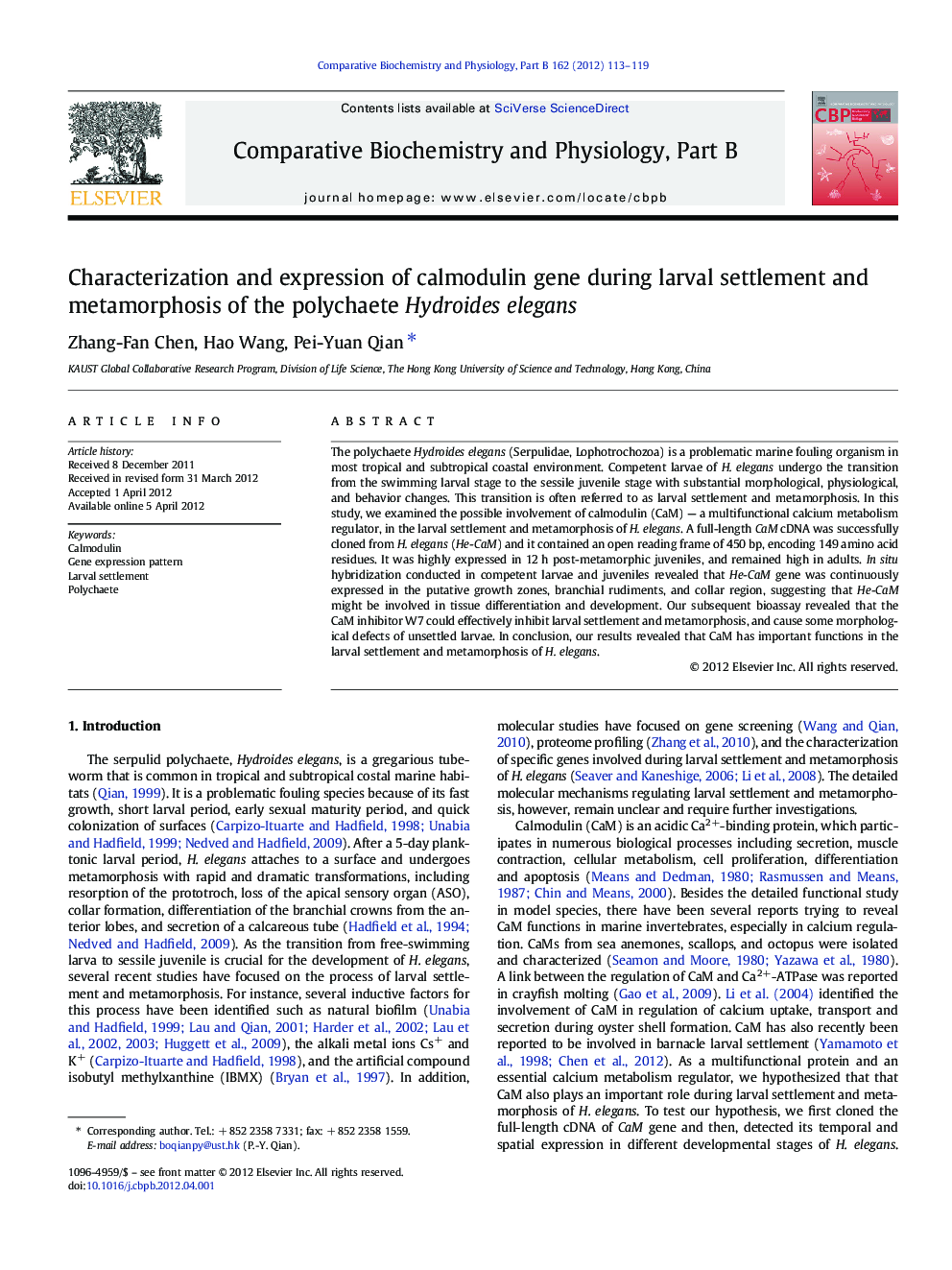 Characterization and expression of calmodulin gene during larval settlement and metamorphosis of the polychaete Hydroides elegans