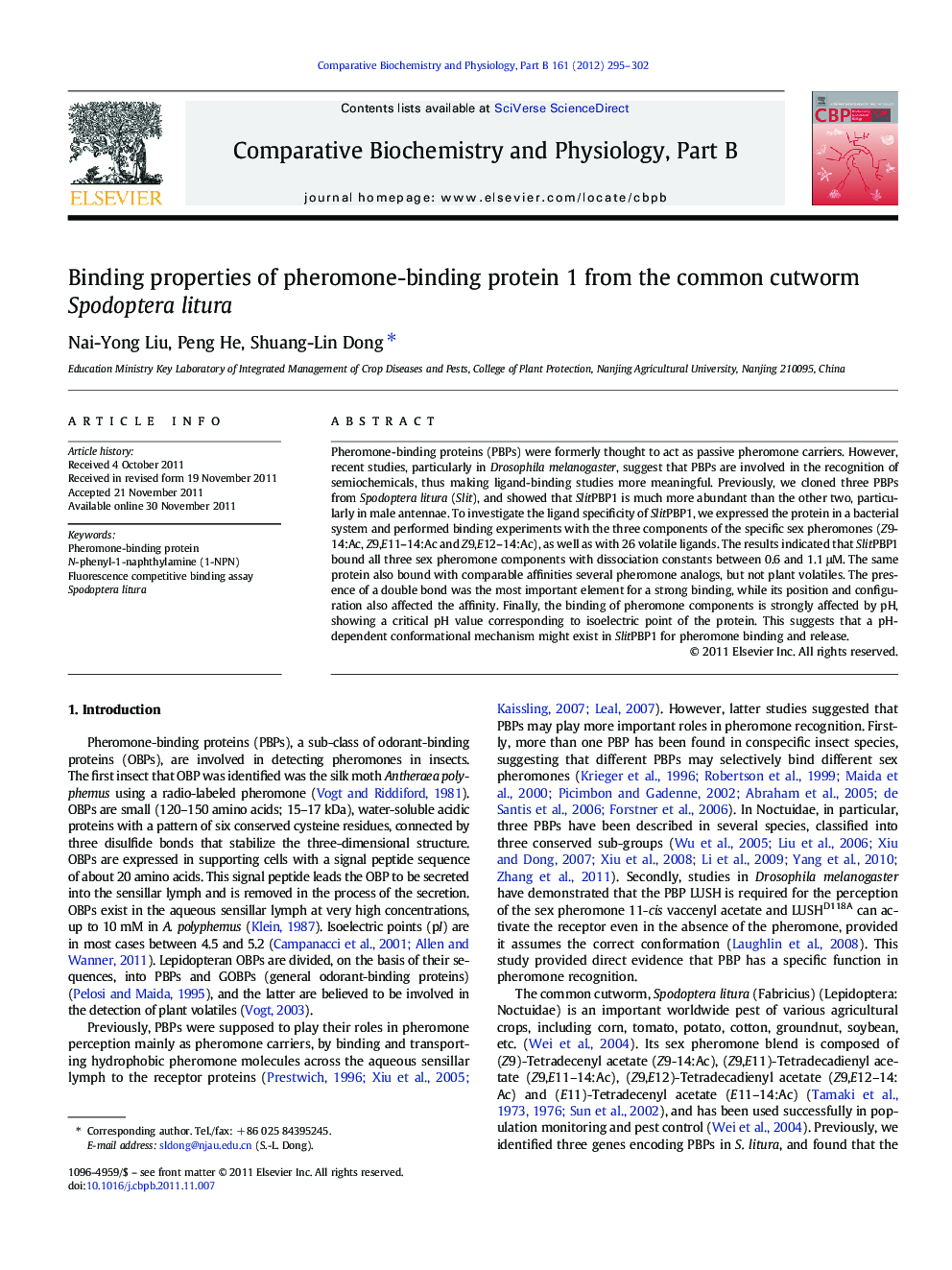 Binding properties of pheromone-binding protein 1 from the common cutworm Spodoptera litura