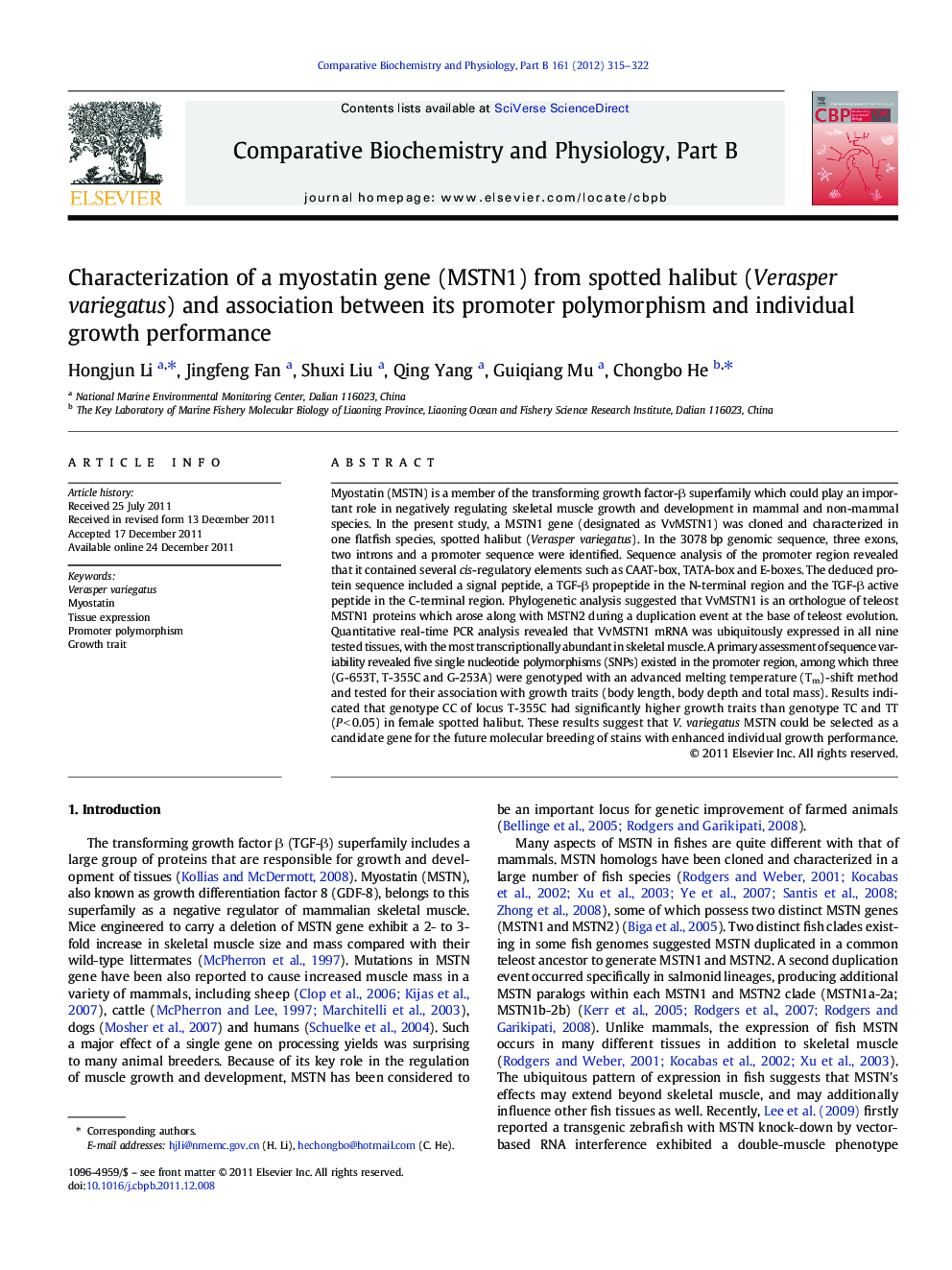 Characterization of a myostatin gene (MSTN1) from spotted halibut (Verasper variegatus) and association between its promoter polymorphism and individual growth performance