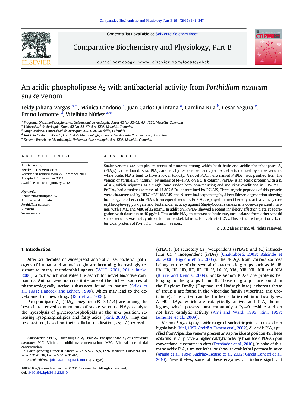 An acidic phospholipase A2 with antibacterial activity from Porthidium nasutum snake venom