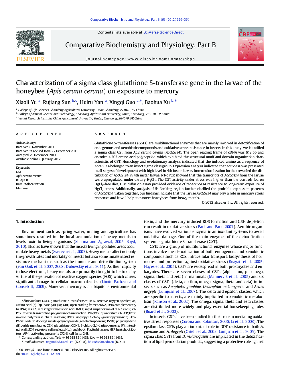 Characterization of a sigma class glutathione S-transferase gene in the larvae of the honeybee (Apis cerana cerana) on exposure to mercury