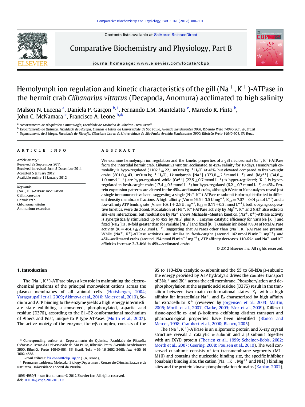 Hemolymph ion regulation and kinetic characteristics of the gill (Na+, K+)-ATPase in the hermit crab Clibanarius vittatus (Decapoda, Anomura) acclimated to high salinity