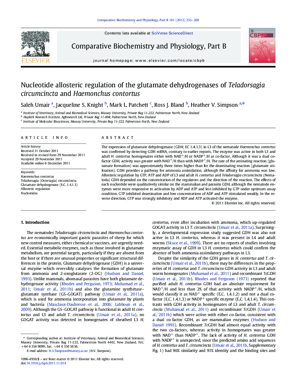 Nucleotide allosteric regulation of the glutamate dehydrogenases of Teladorsagia circumcincta and Haemonchus contortus