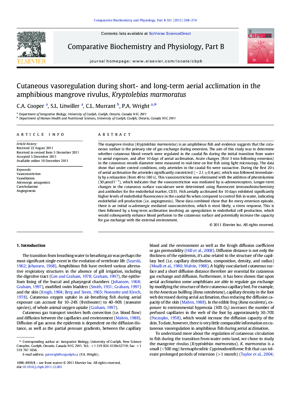 Cutaneous vasoregulation during short- and long-term aerial acclimation in the amphibious mangrove rivulus, Kryptolebias marmoratus