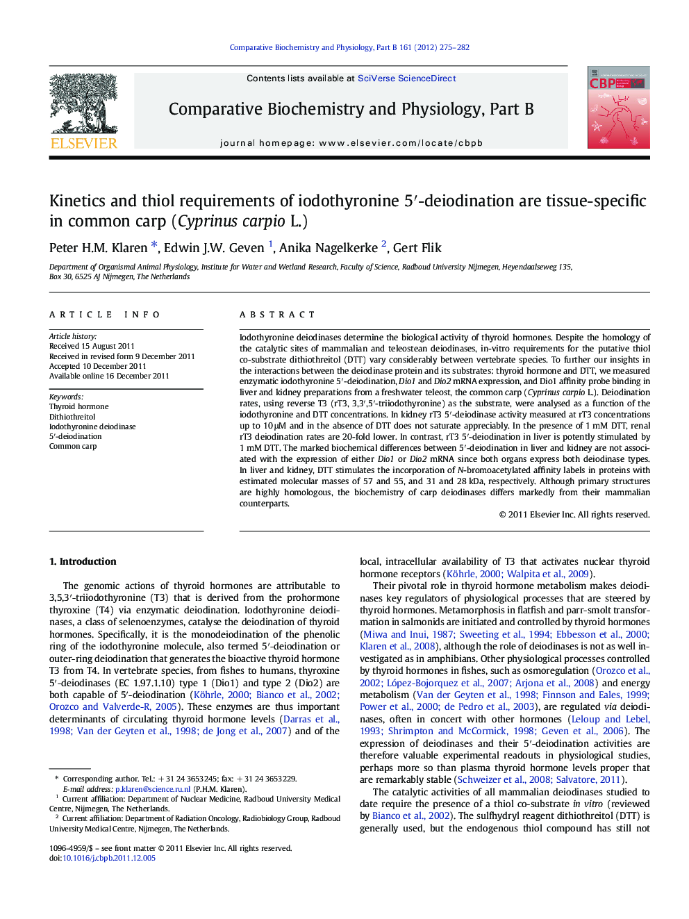 Kinetics and thiol requirements of iodothyronine 5′-deiodination are tissue-specific in common carp (Cyprinus carpio L.)