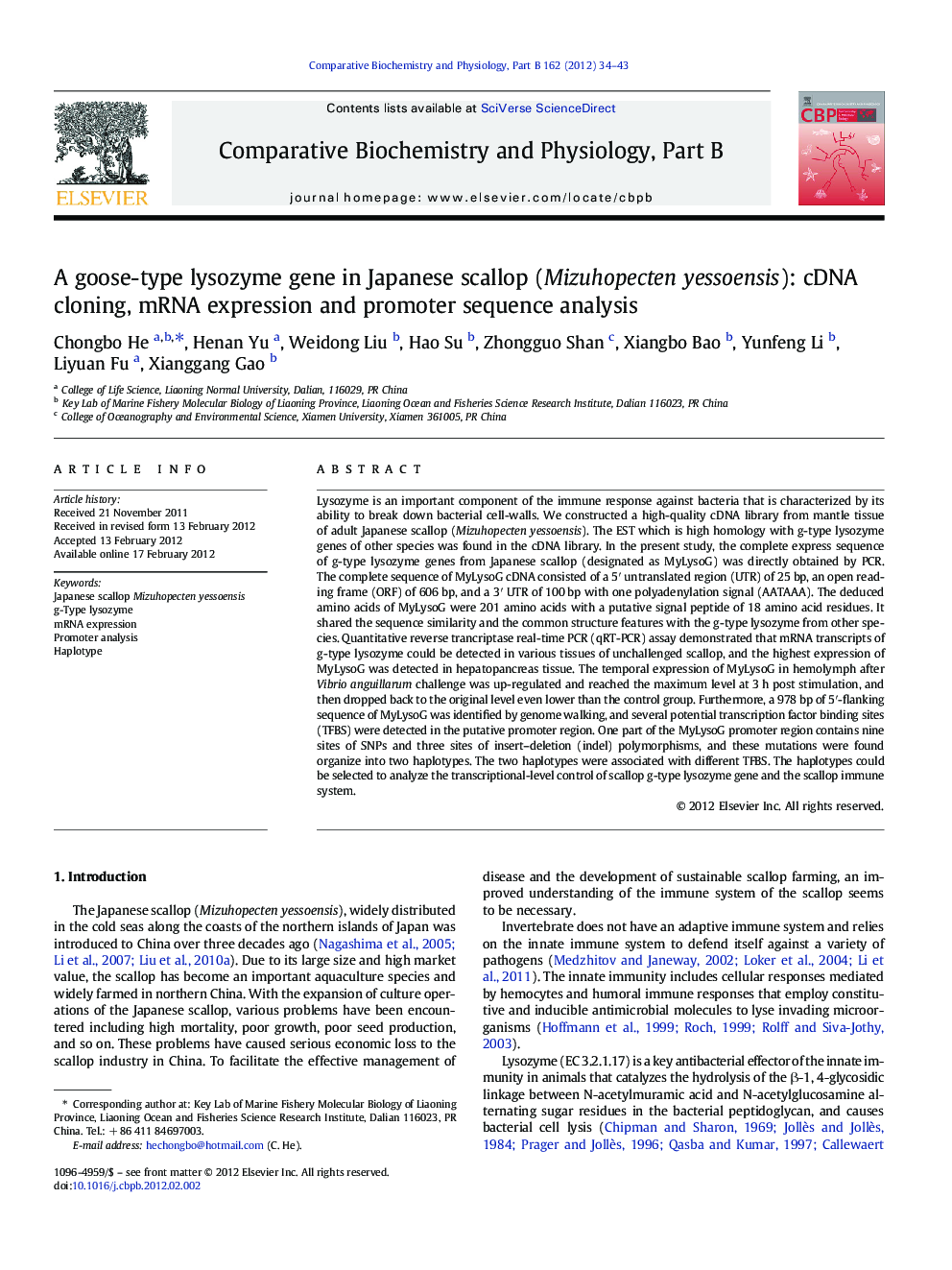 A goose-type lysozyme gene in Japanese scallop (Mizuhopecten yessoensis): cDNA cloning, mRNA expression and promoter sequence analysis