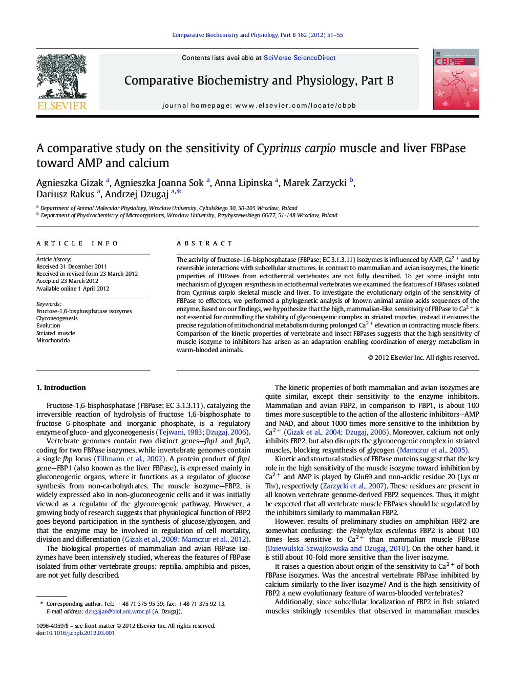 A comparative study on the sensitivity of Cyprinus carpio muscle and liver FBPase toward AMP and calcium