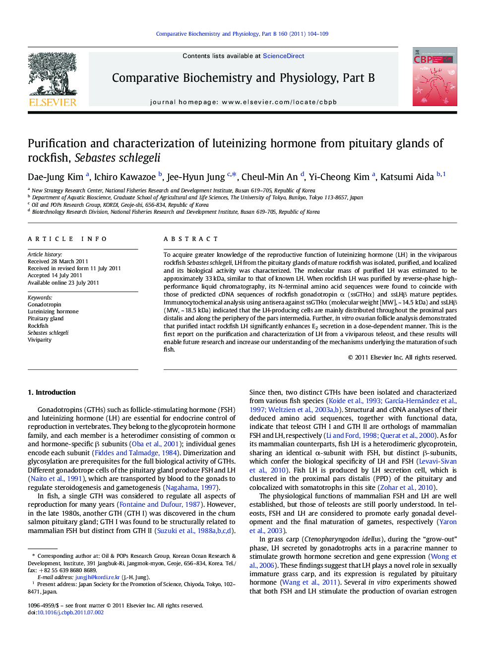 Purification and characterization of luteinizing hormone from pituitary glands of rockfish, Sebastes schlegeli