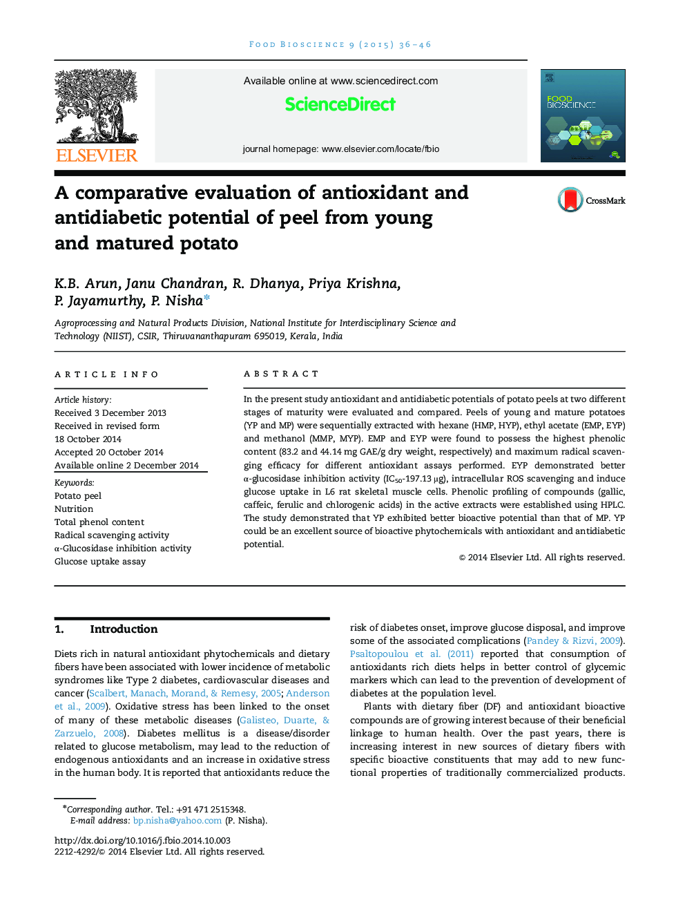 A comparative evaluation of antioxidant and antidiabetic potential of peel from young and matured potato
