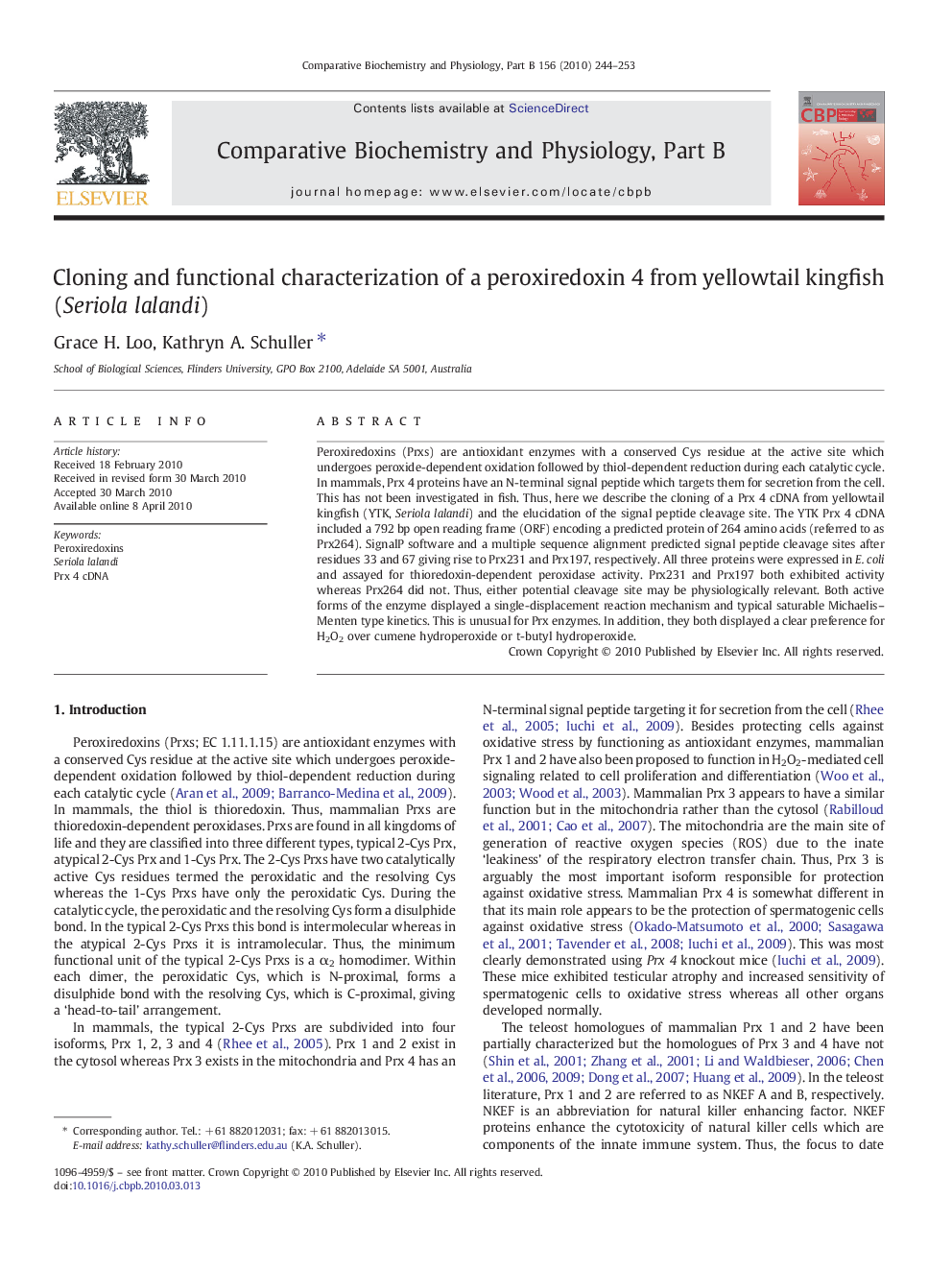 Cloning and functional characterization of a peroxiredoxin 4 from yellowtail kingfish (Seriola lalandi)