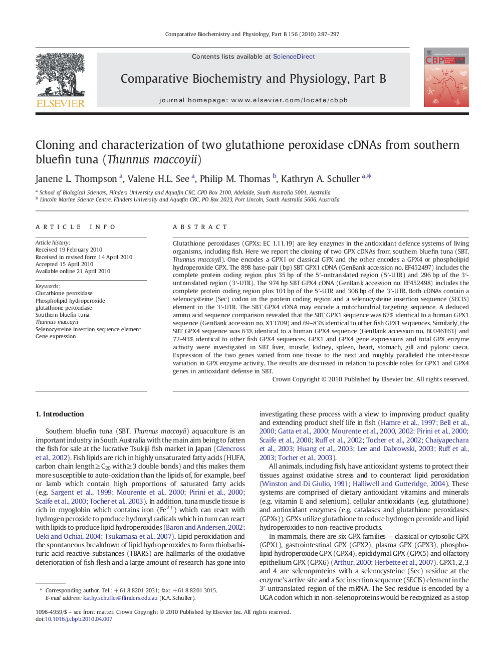 Cloning and characterization of two glutathione peroxidase cDNAs from southern bluefin tuna (Thunnus maccoyii)