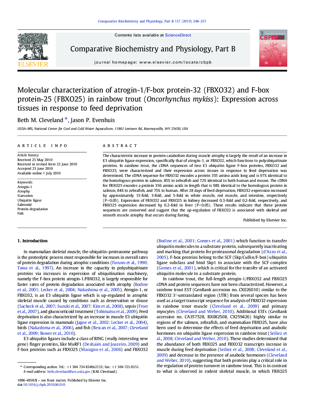 Molecular characterization of atrogin-1/F-box protein-32 (FBXO32) and F-box protein-25 (FBXO25) in rainbow trout (Oncorhynchus mykiss): Expression across tissues in response to feed deprivation