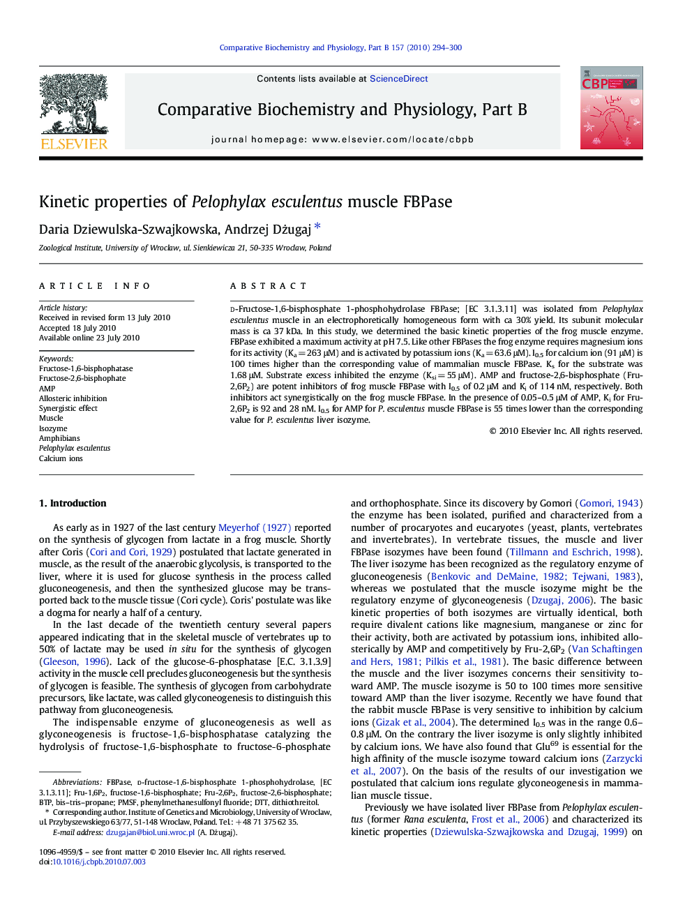 Kinetic properties of Pelophylax esculentus muscle FBPase