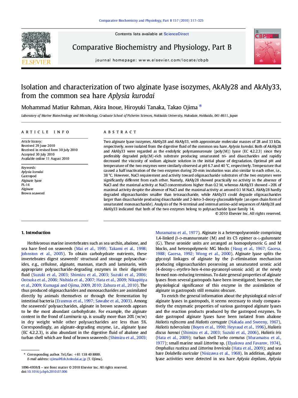 Isolation and characterization of two alginate lyase isozymes, AkAly28 and AkAly33, from the common sea hare Aplysia kurodai