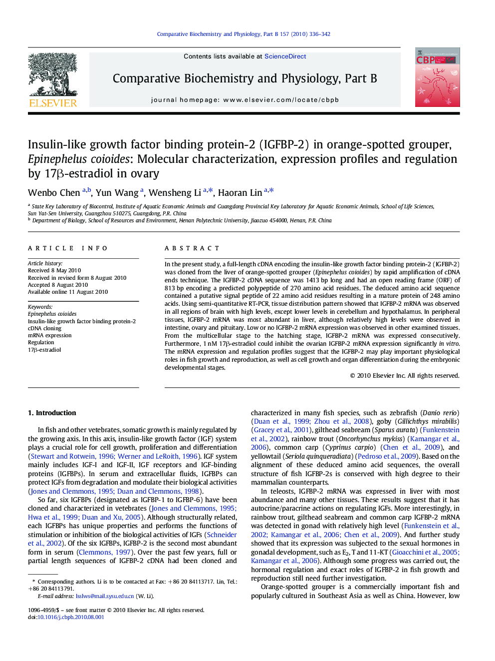 Insulin-like growth factor binding protein-2 (IGFBP-2) in orange-spotted grouper, Epinephelus coioides: Molecular characterization, expression profiles and regulation by 17β-estradiol in ovary