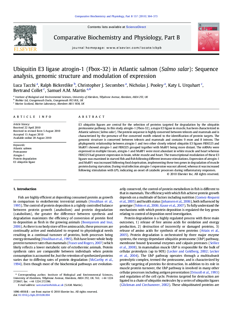 Ubiquitin E3 ligase atrogin-1 (Fbox-32) in Atlantic salmon (Salmo salar): Sequence analysis, genomic structure and modulation of expression