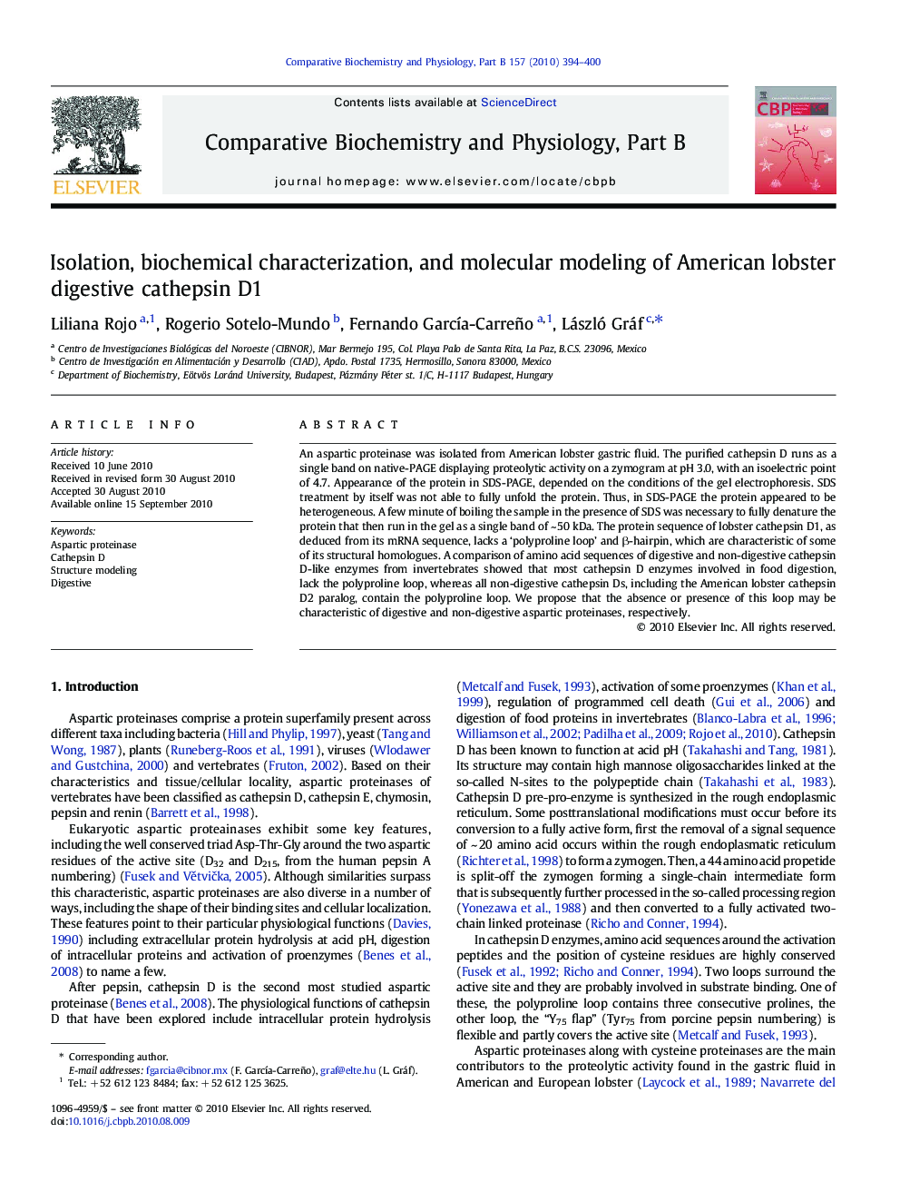 Isolation, biochemical characterization, and molecular modeling of American lobster digestive cathepsin D1