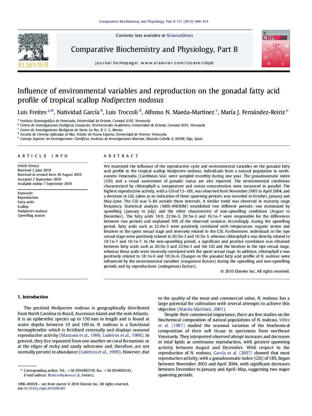 Influence of environmental variables and reproduction on the gonadal fatty acid profile of tropical scallop Nodipecten nodosus