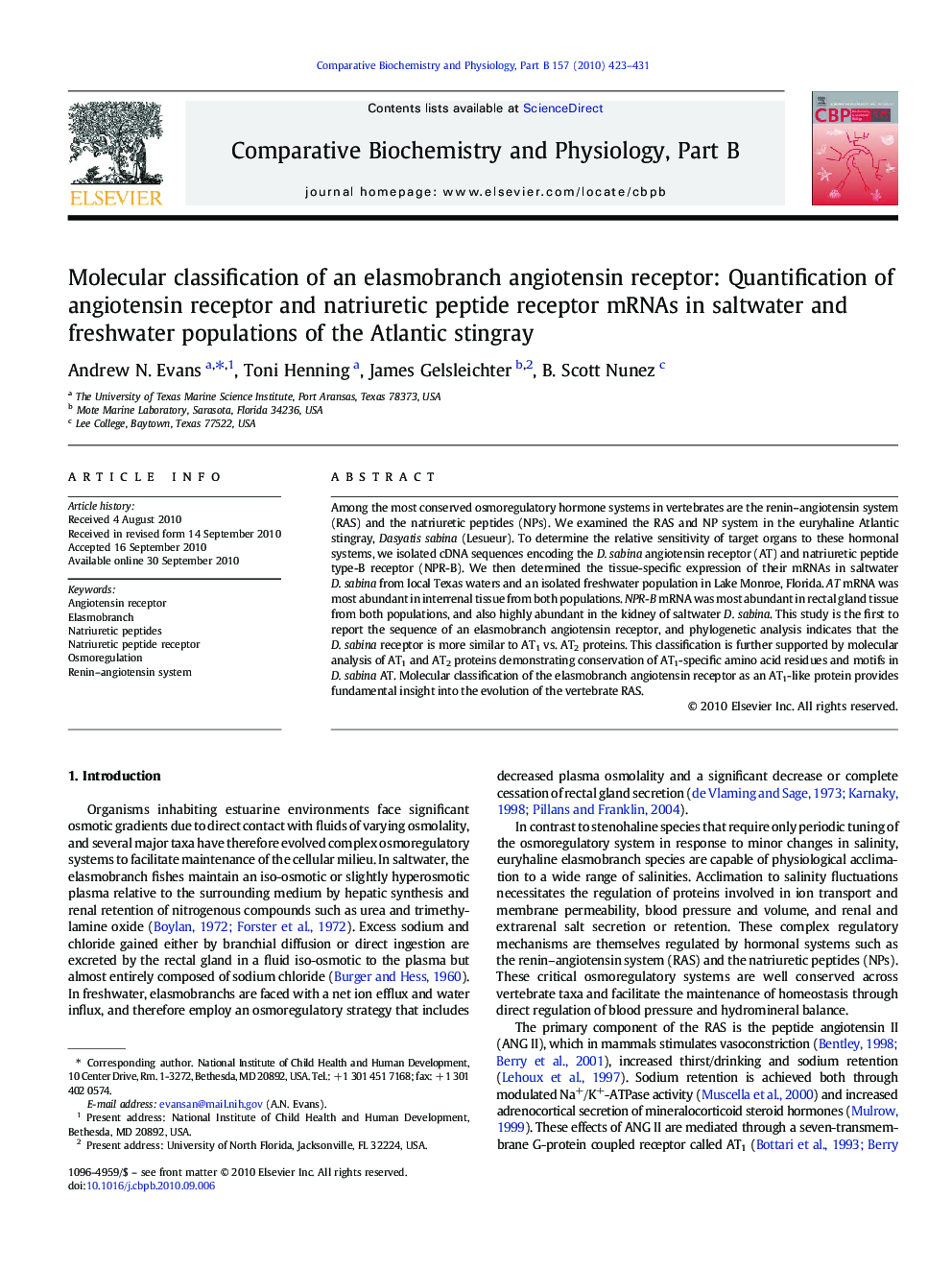 Molecular classification of an elasmobranch angiotensin receptor: Quantification of angiotensin receptor and natriuretic peptide receptor mRNAs in saltwater and freshwater populations of the Atlantic stingray