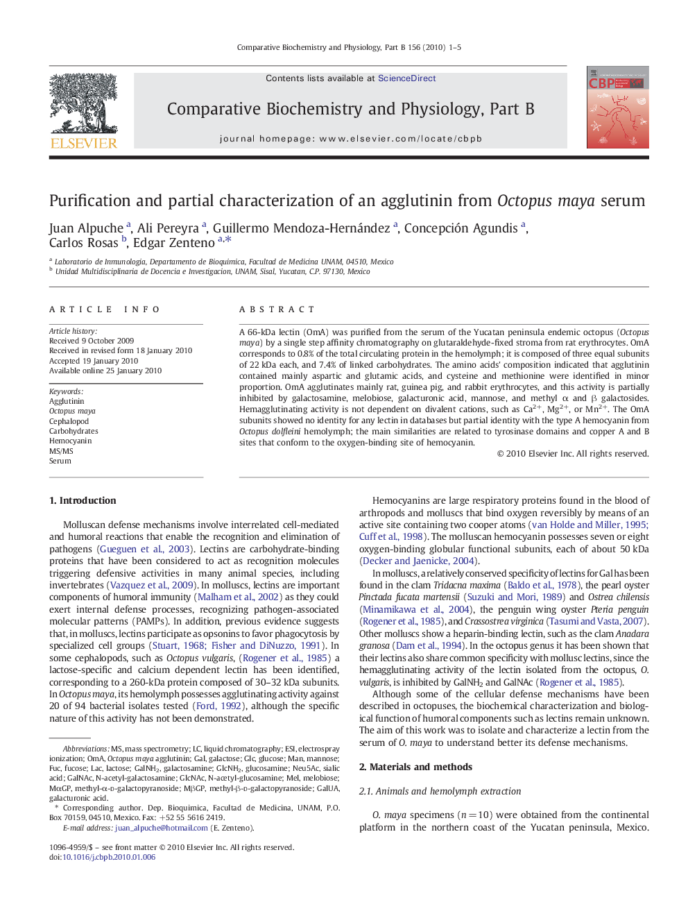 Purification and partial characterization of an agglutinin from Octopus maya serum