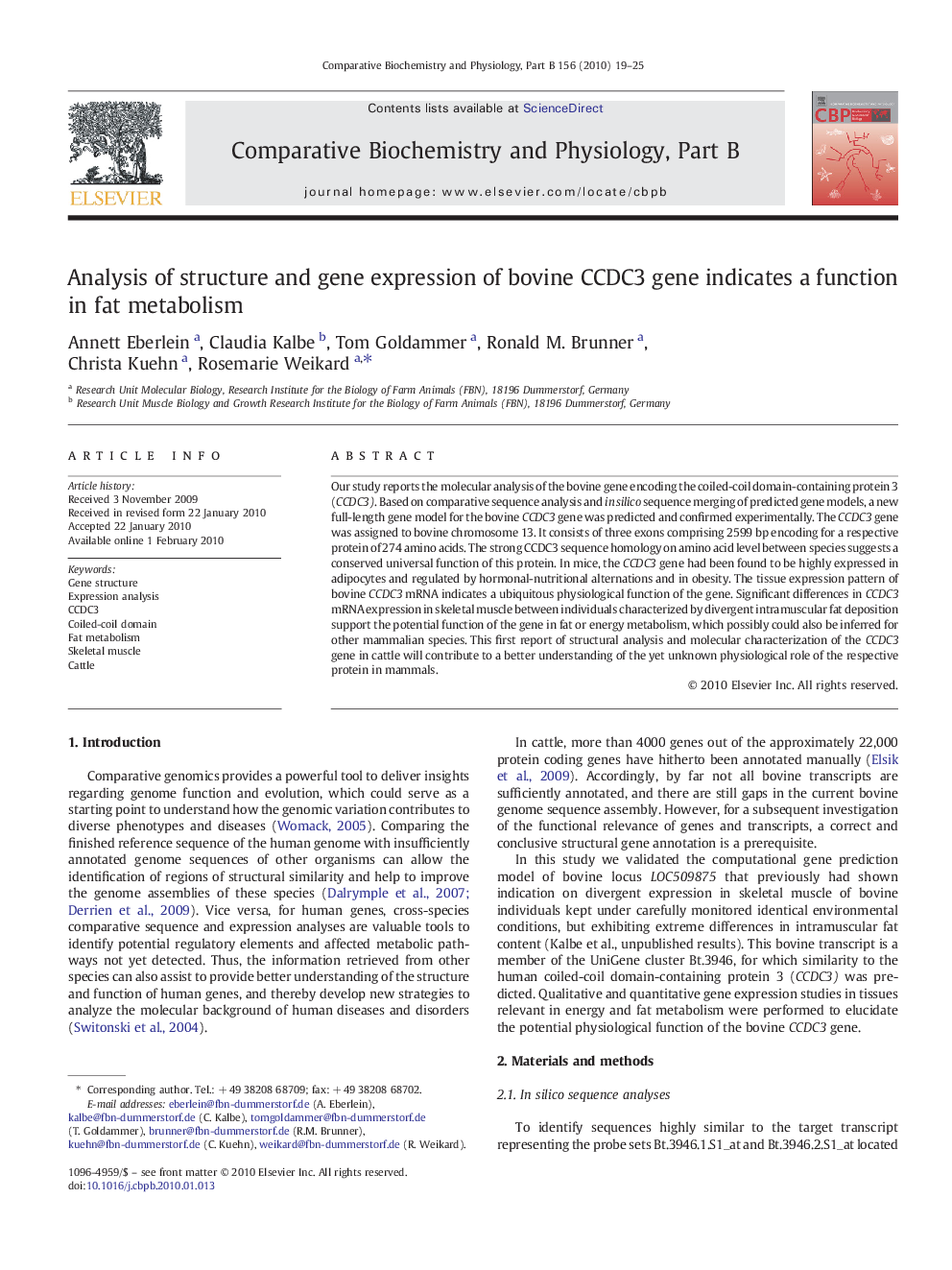 Analysis of structure and gene expression of bovine CCDC3 gene indicates a function in fat metabolism