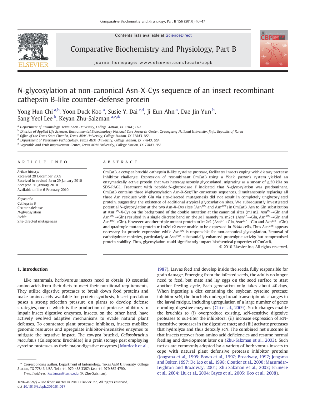 N-glycosylation at non-canonical Asn-X-Cys sequence of an insect recombinant cathepsin B-like counter-defense protein