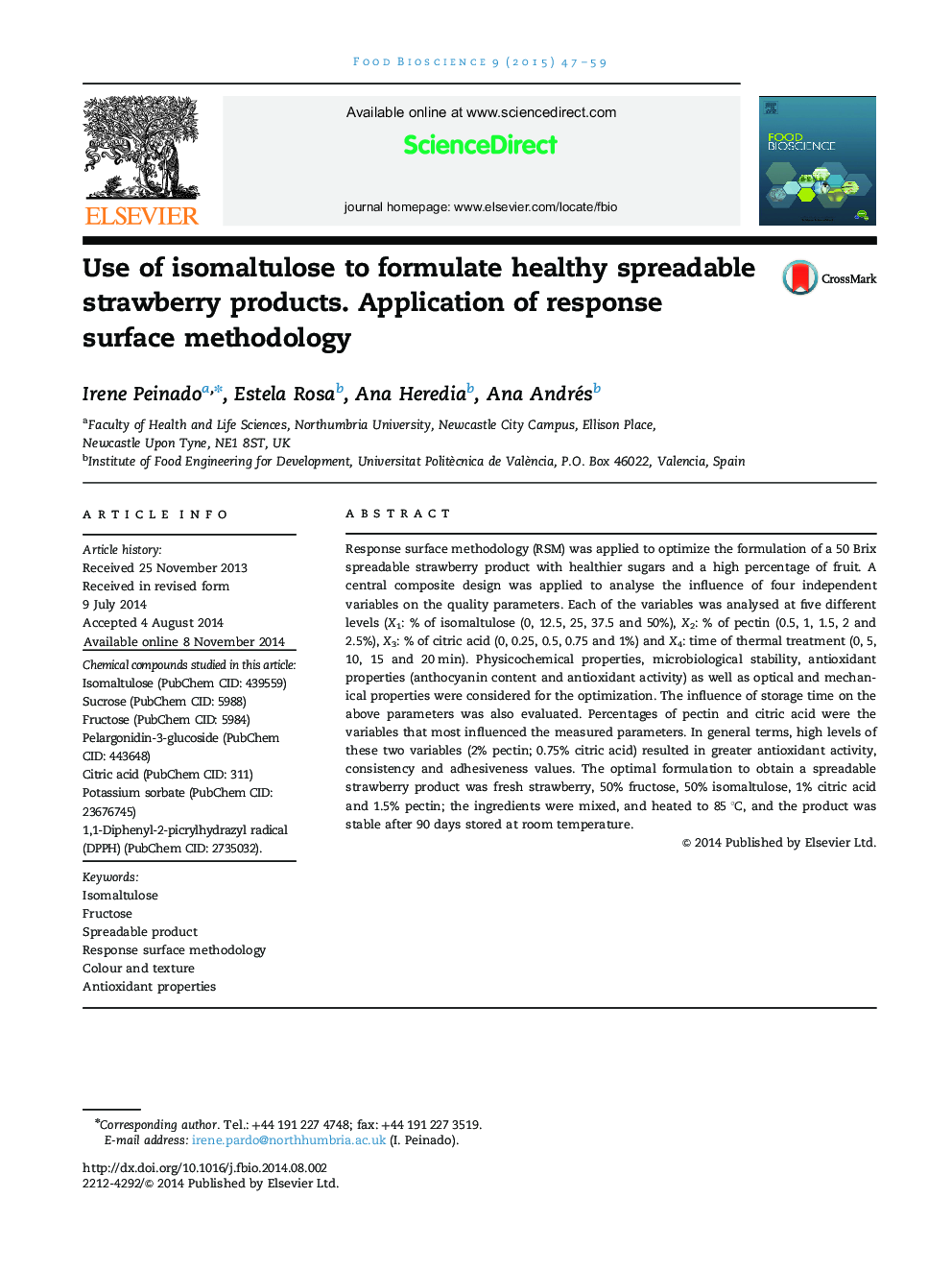 Use of isomaltulose to formulate healthy spreadable strawberry products. Application of response surface methodology